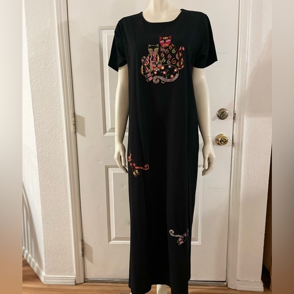 Vintage Casey Coleman Woman's Black Cat Embroider Boho Maxi Dress Sz Lr - Picture 8 of 9